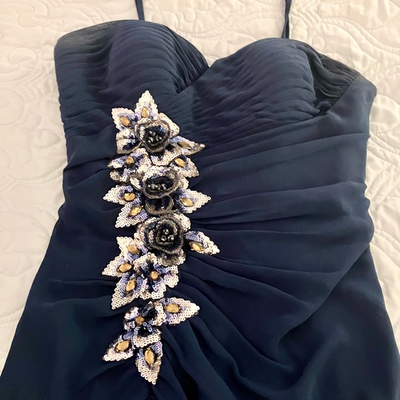 Faviana Couture Dresses & Skirts - Navy Blue Strapless Sweetheart Gown with Silver Sequins Flower Embellishments